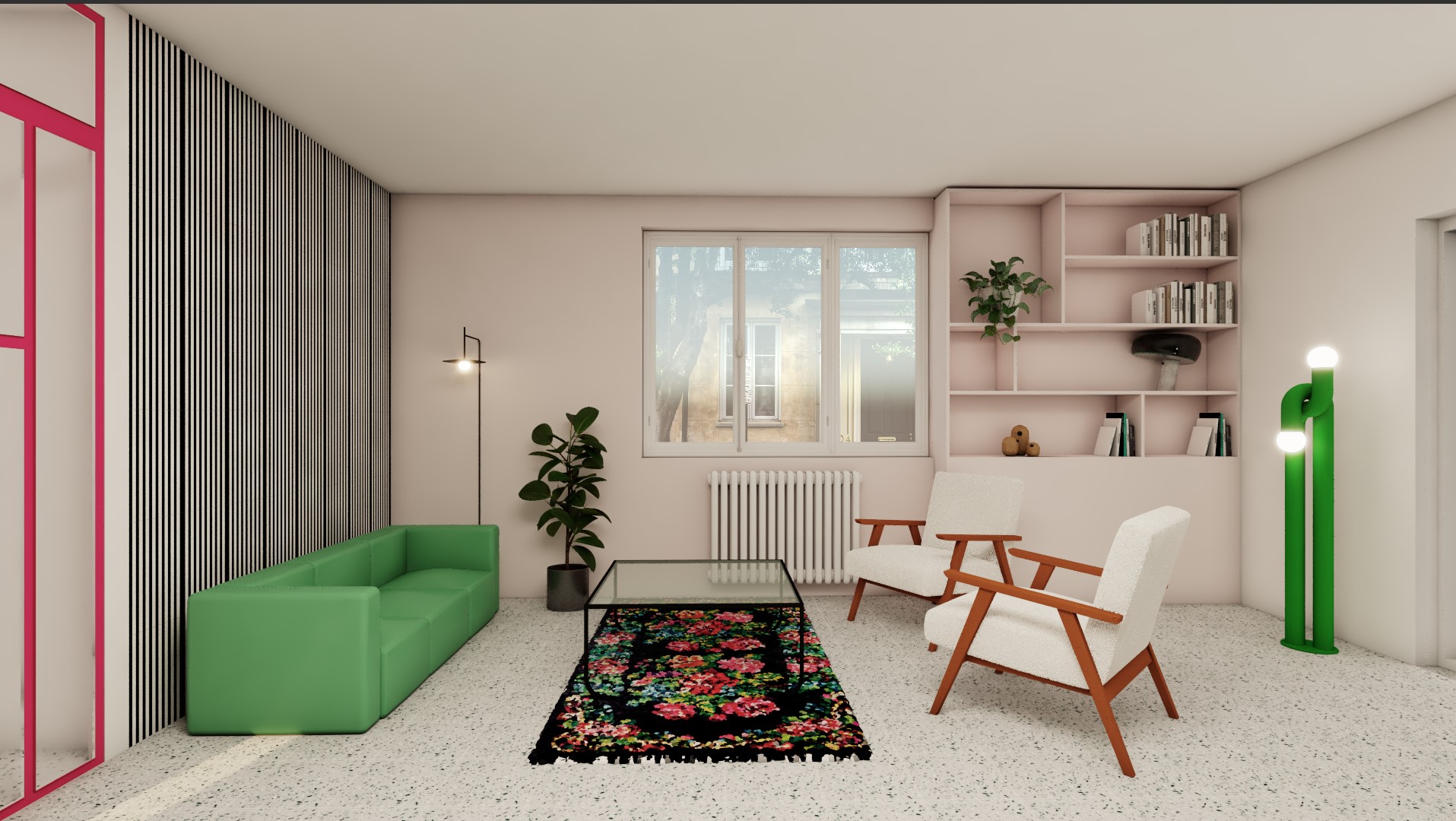 Salon canapé et bibliothèque